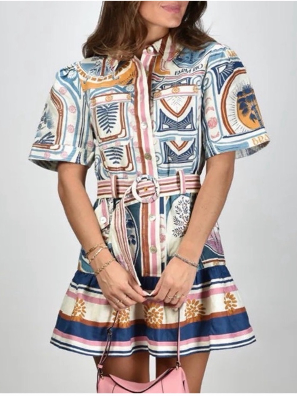 Printed Short Sleeve Belted Dress in Multi Blue by